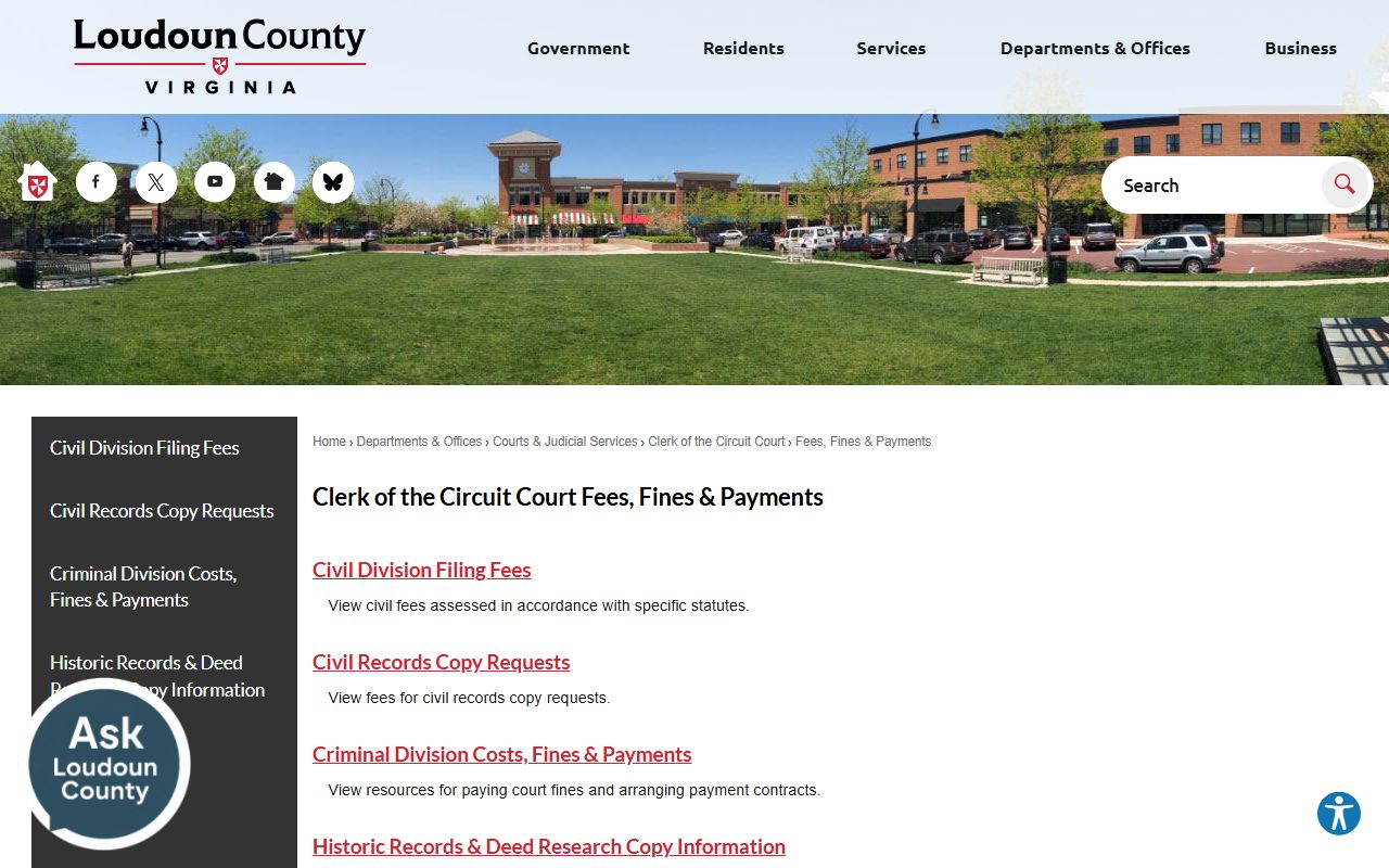 Loudoun County Clerk fees, fines, and payments page