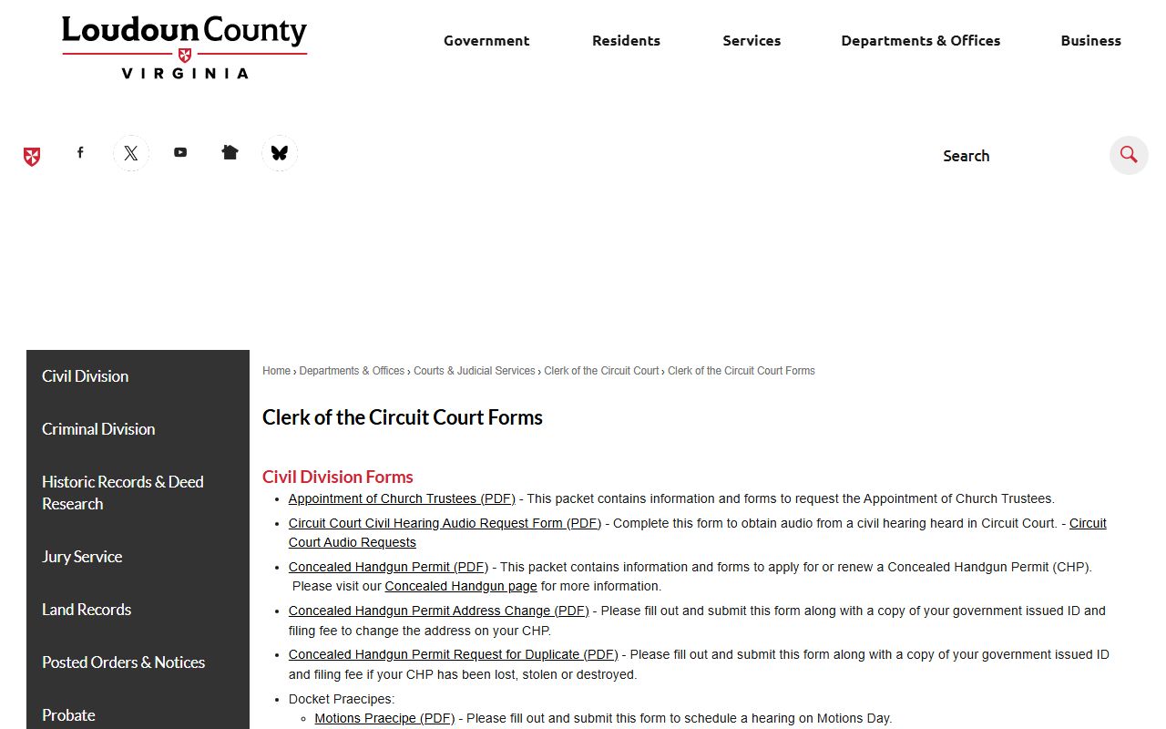 Loudoun County Clerk of the Circuit Court forms page for records requests