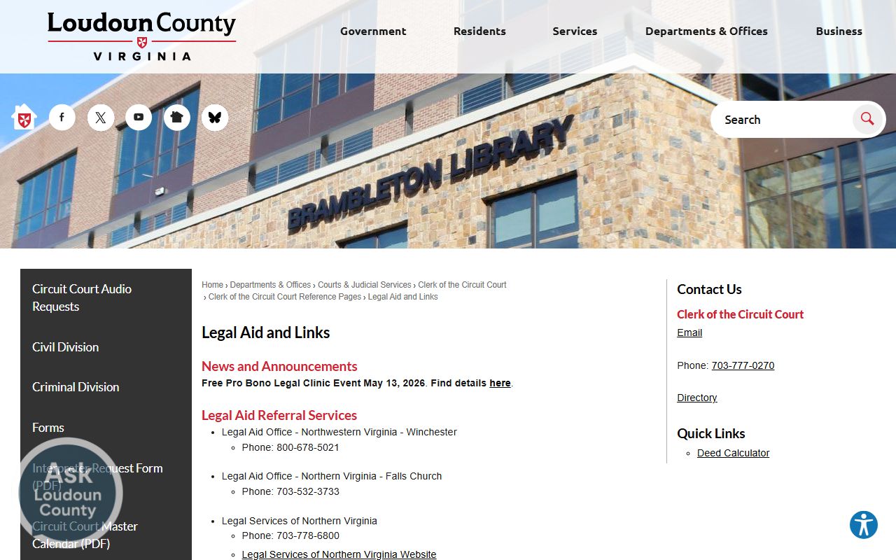 Loudoun County Clerk legal aid and links page