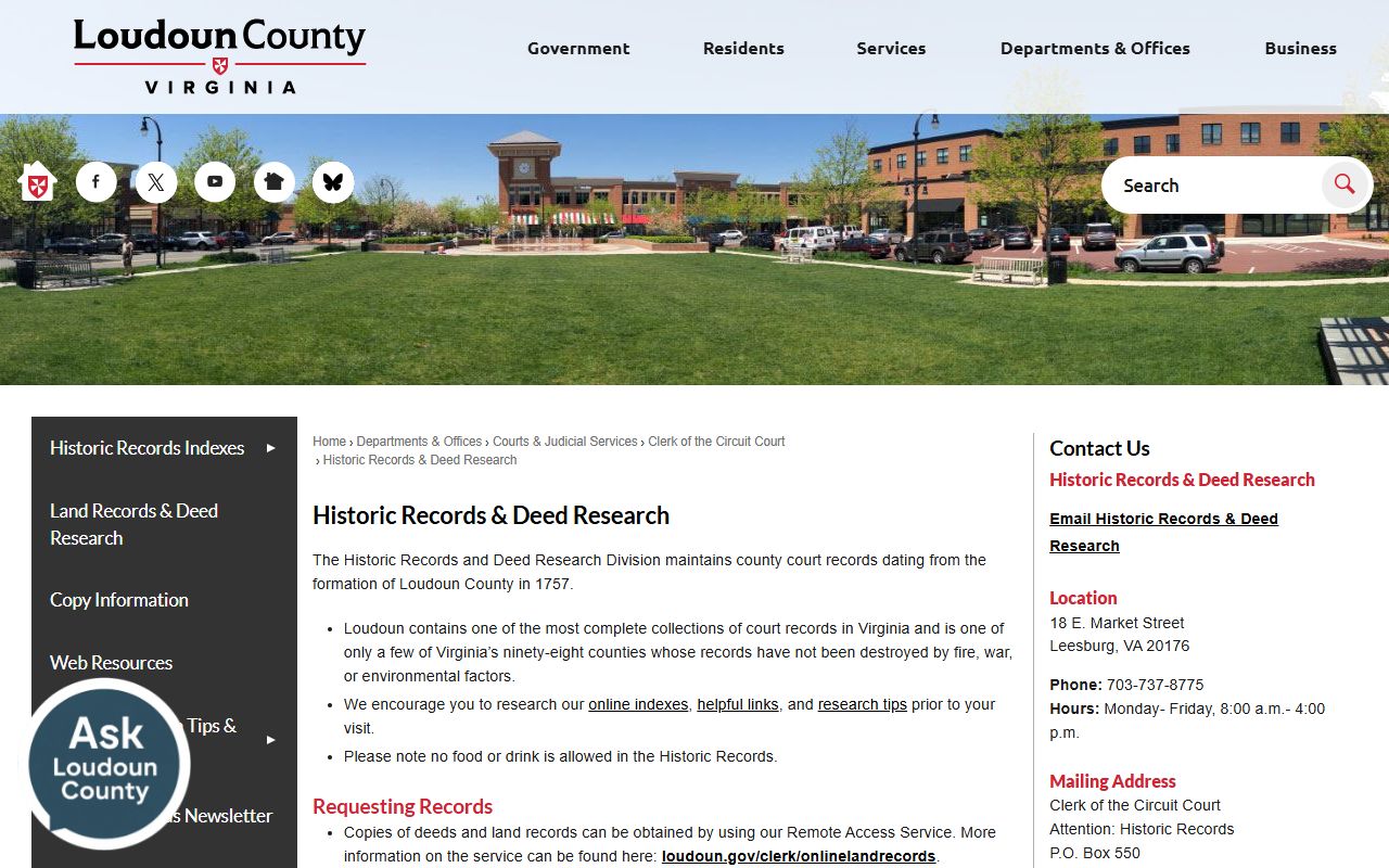 Loudoun County Clerk historic records and deed research page
