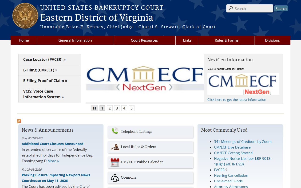 U.S. Bankruptcy Court for the Eastern District of Virginia docket page