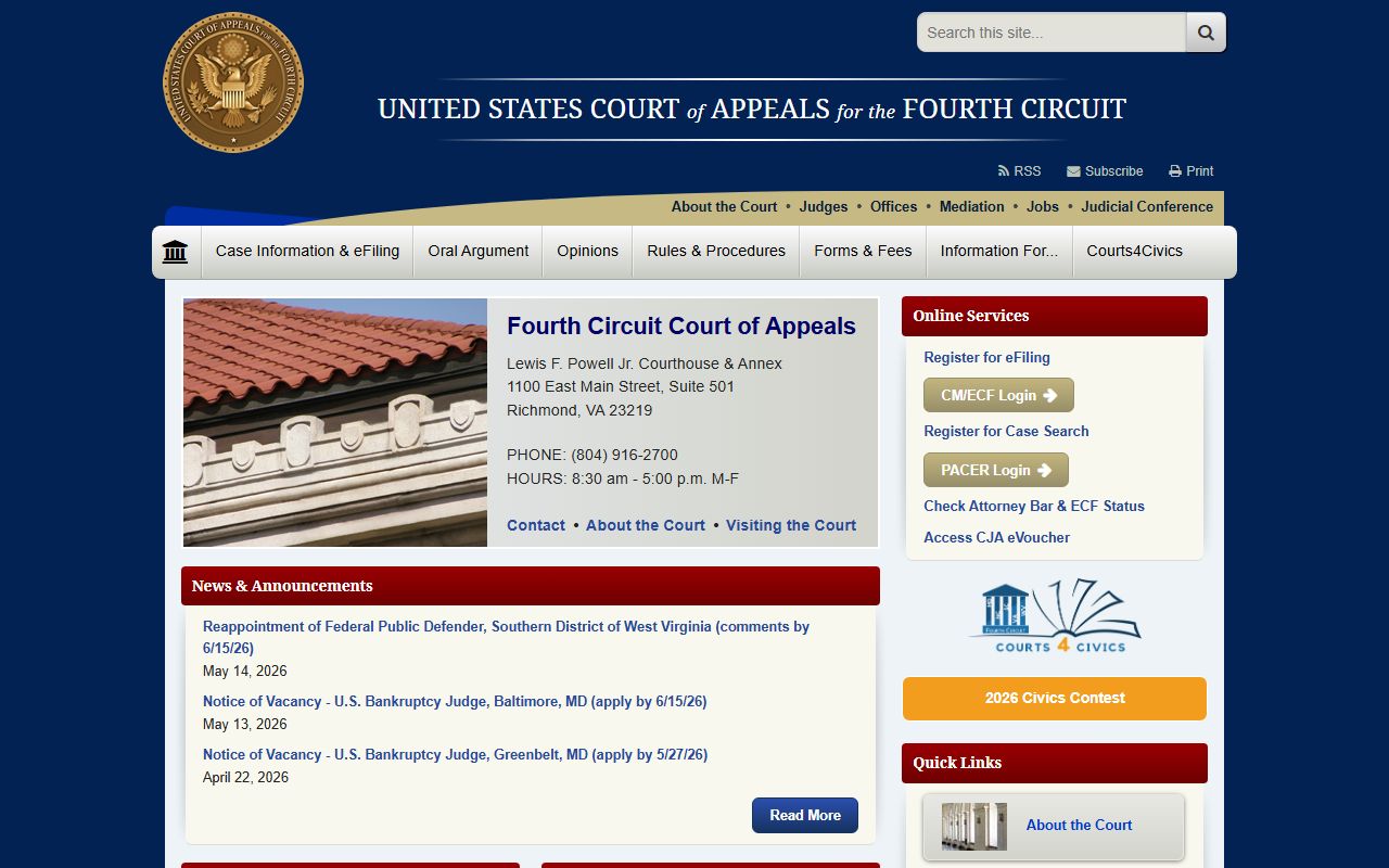 U.S. Court of Appeals for the Fourth Circuit docket page for Virginia federal appeals