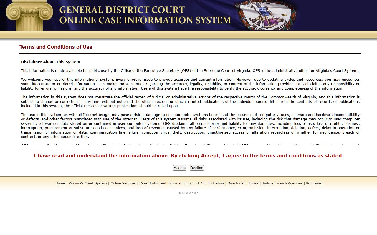 General District Court Online Case Information search page for Loudoun County court records