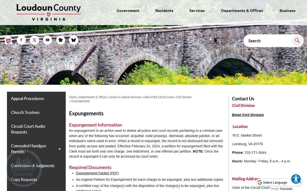 Loudoun County expungements page explaining how to clear an arrest or charge record