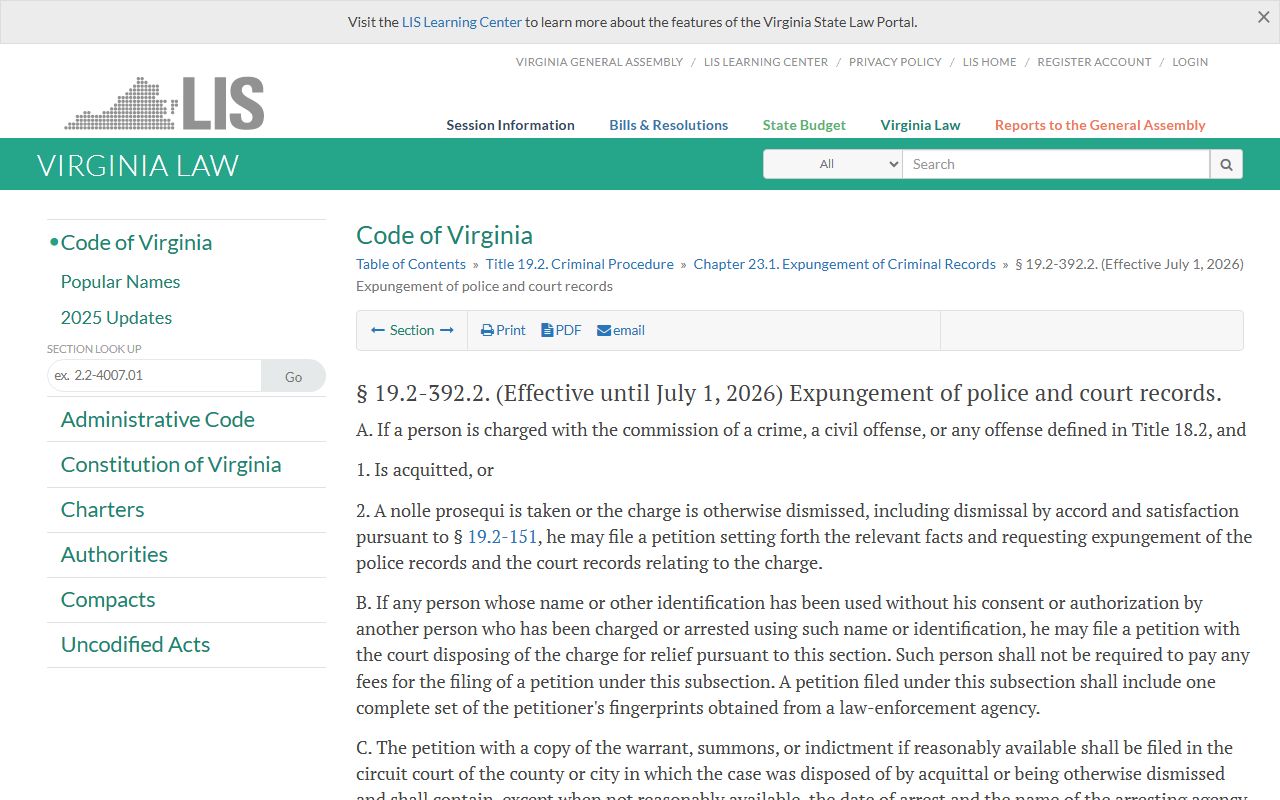 Virginia expungement statute for clearing Loudoun County arrest and court records