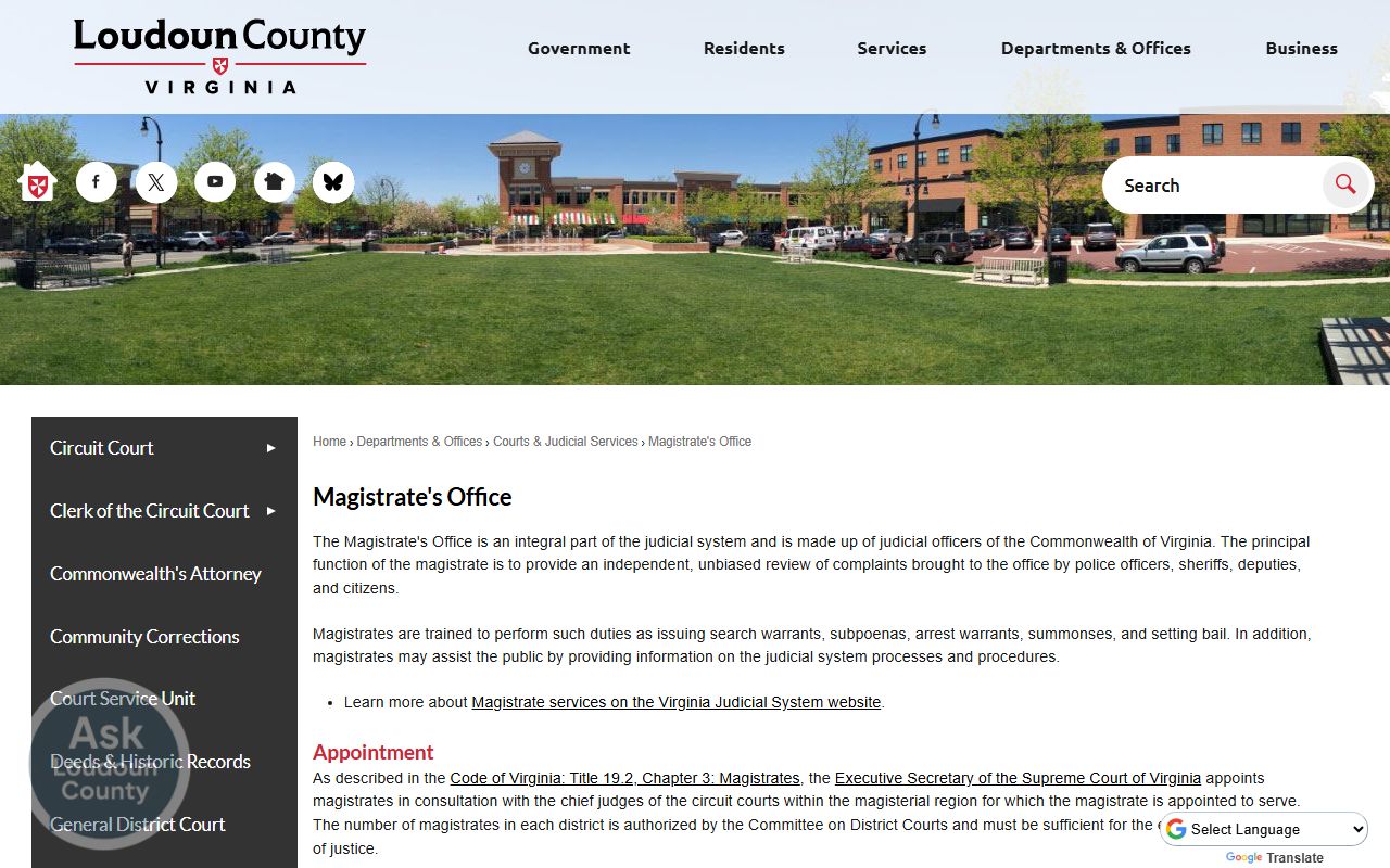 Loudoun County Magistrate's Office page listing warrant and bail duties