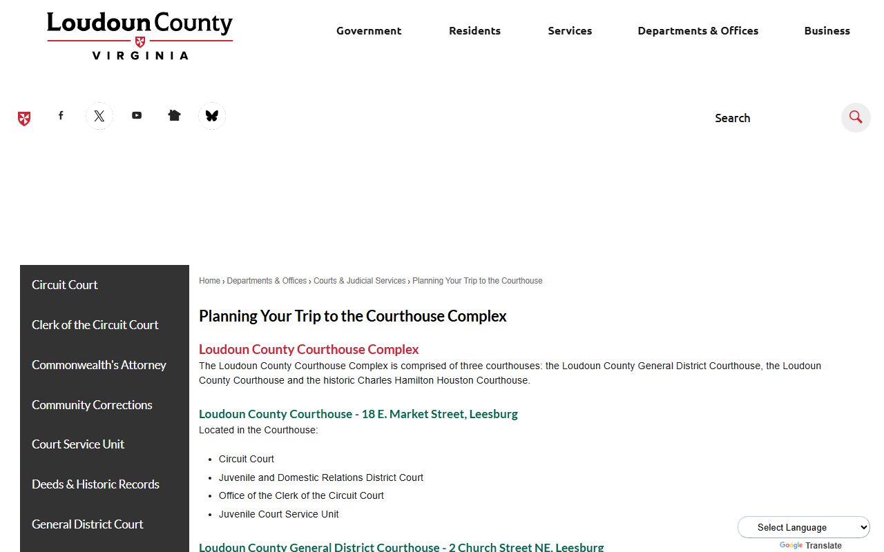 Loudoun County courthouse complex trip-planning page with parking and security details