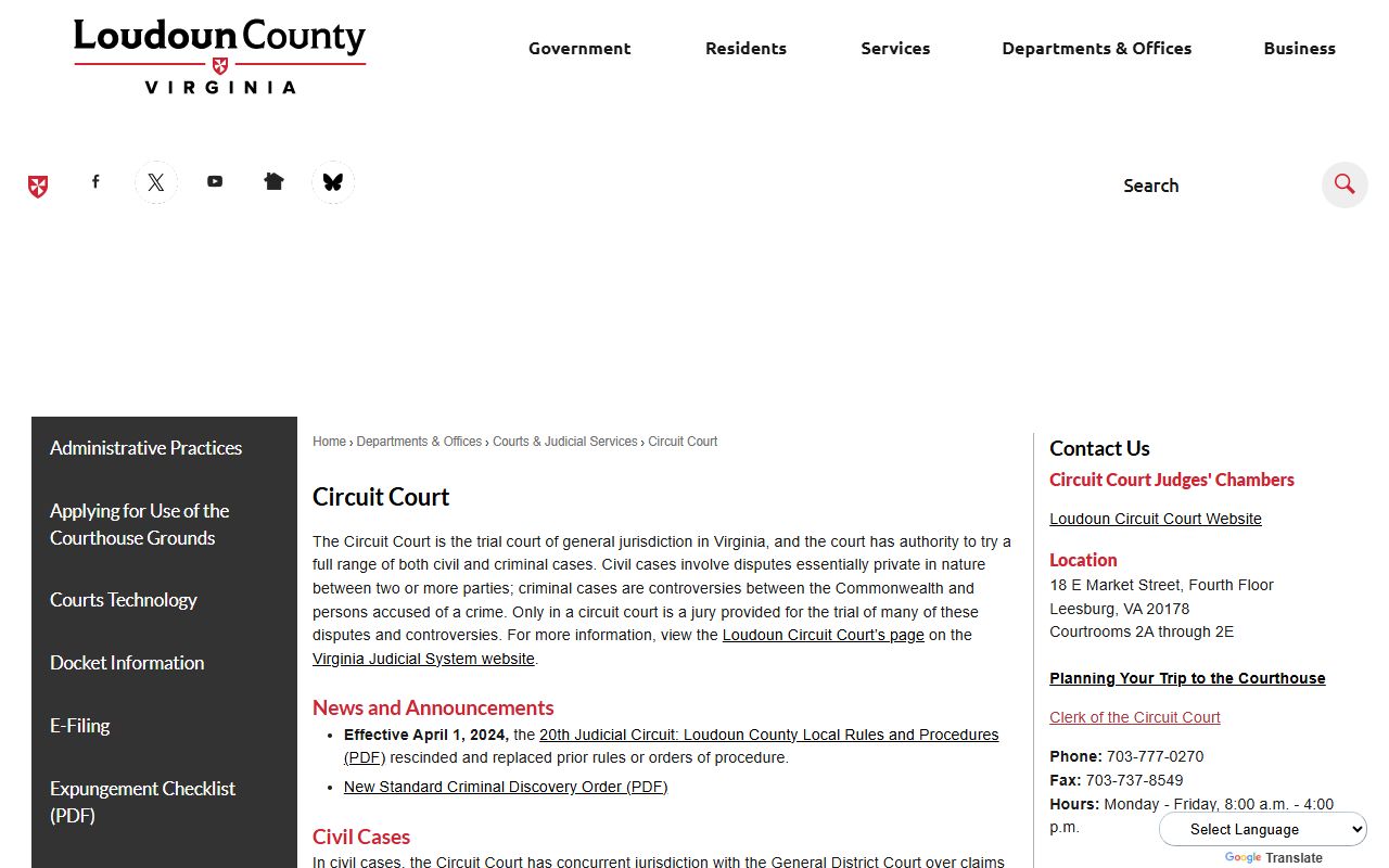 Loudoun County Circuit Court page describing felony, civil, and divorce records
