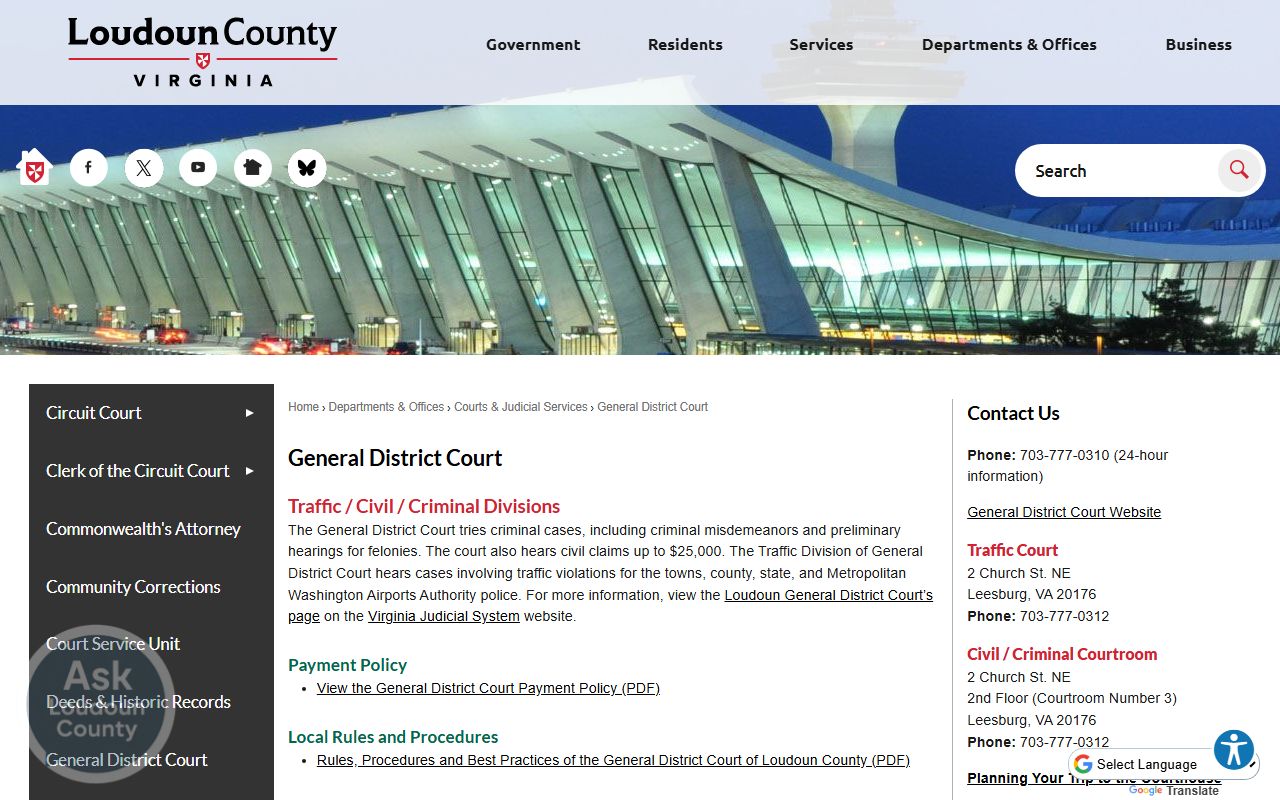 Loudoun County General District Court page listing the Veterans and Mental Health dockets