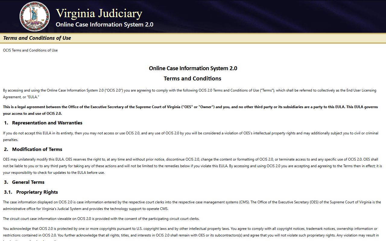 Virginia Judiciary Online Case Information System search page for Loudoun County court records