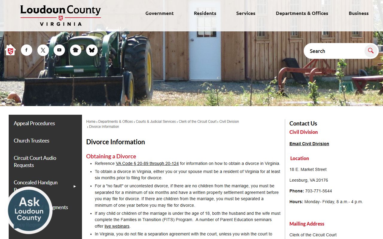 Loudoun County divorce information page with residency and separation rules