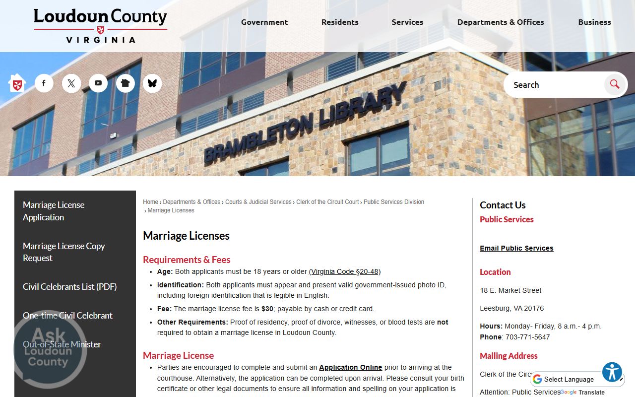Loudoun County marriage licenses page with requirements and fees