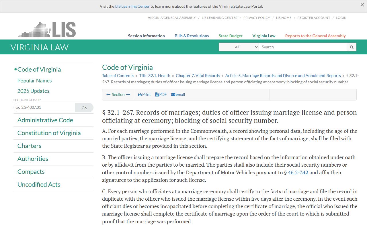 Virginia marriage-license return statute for Loudoun County marriage records