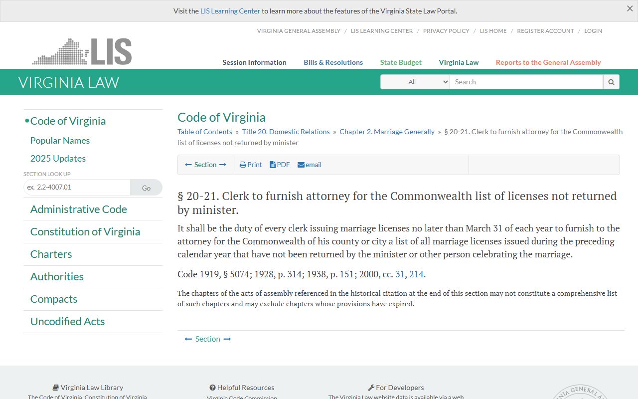 Virginia unused or expired marriage license statute for Loudoun County records