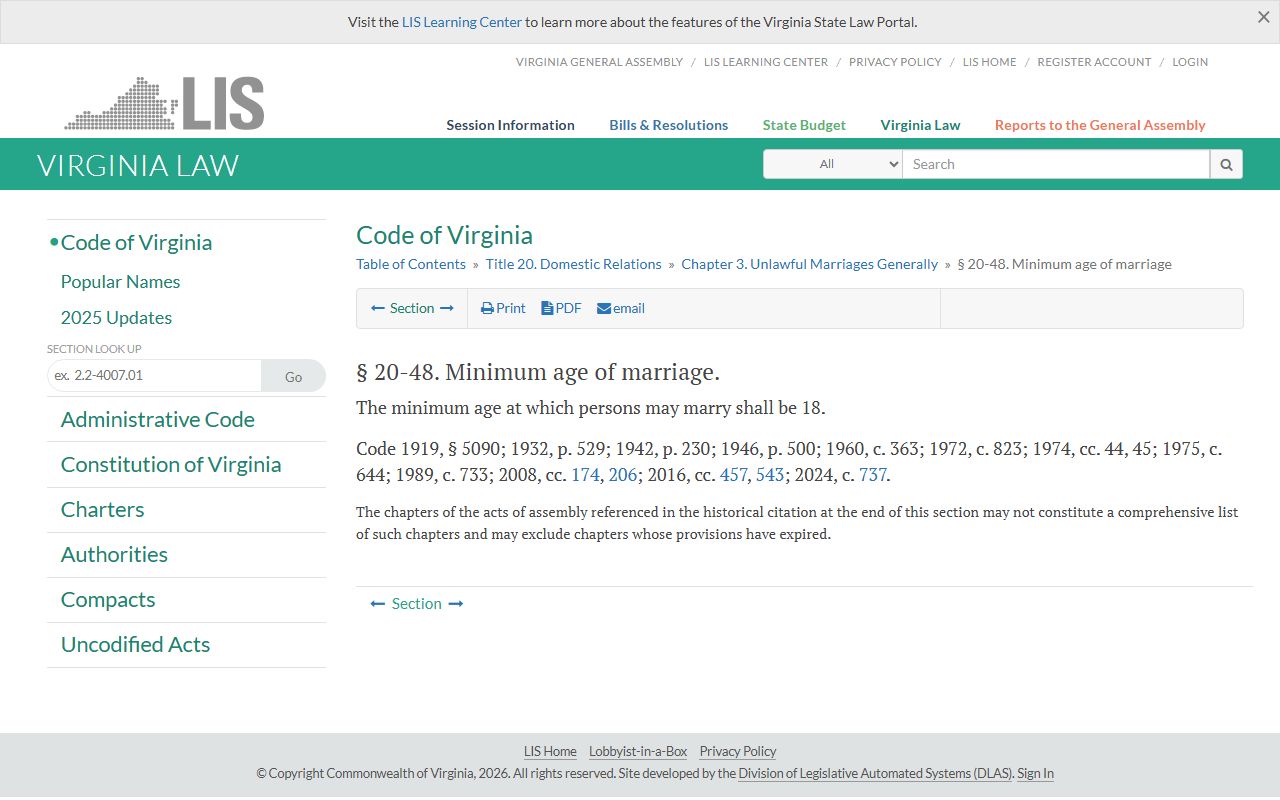 Virginia minimum age for marriage statute referenced for Loudoun County marriage records