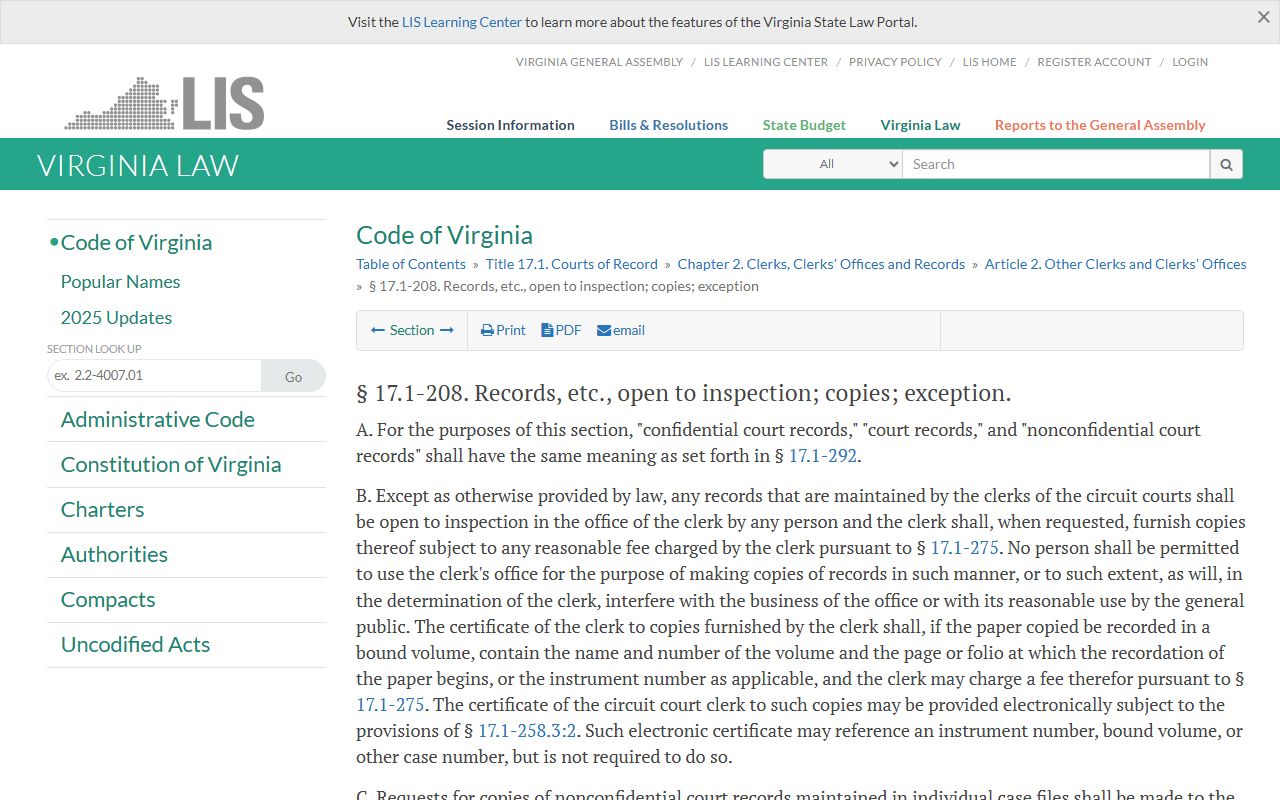 Virginia circuit clerk records inspection statute for Loudoun County probate records