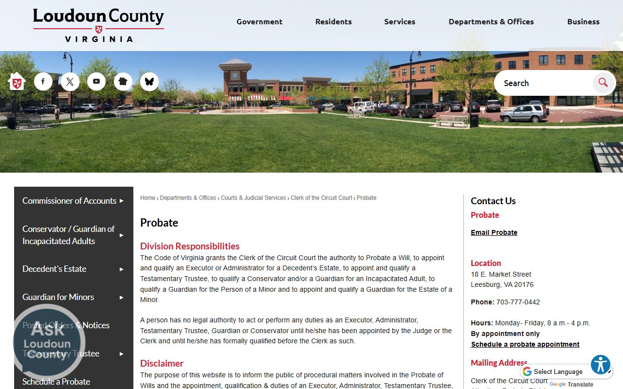 Loudoun County probate page describing Clerk authority over wills and estates