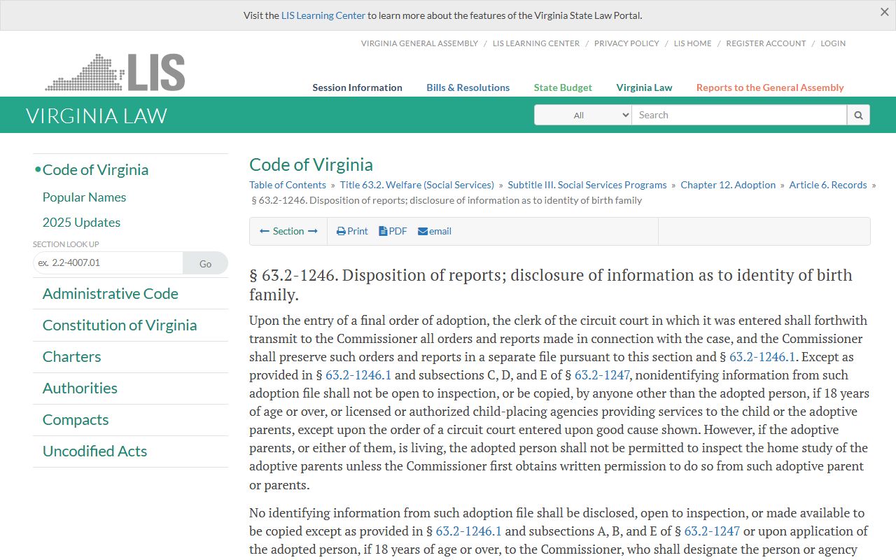 Virginia adoption report disclosure statute affecting Loudoun County probate records