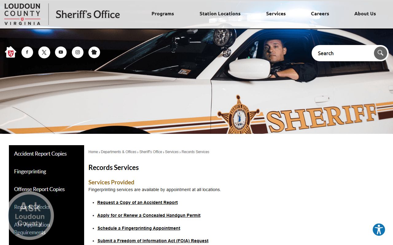 Loudoun County Sheriff Records Services page for law-enforcement public records