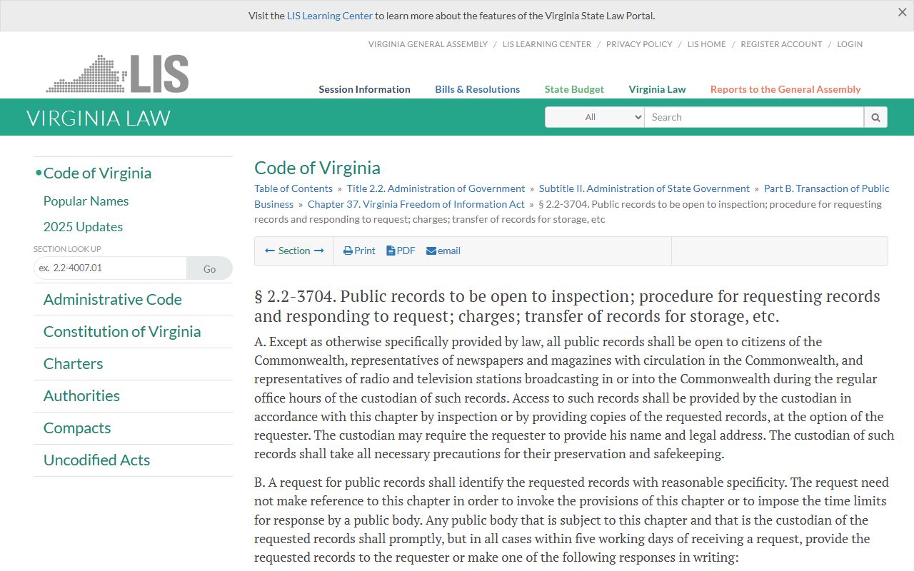 Virginia FOIA request procedure statute for Loudoun County public records costs