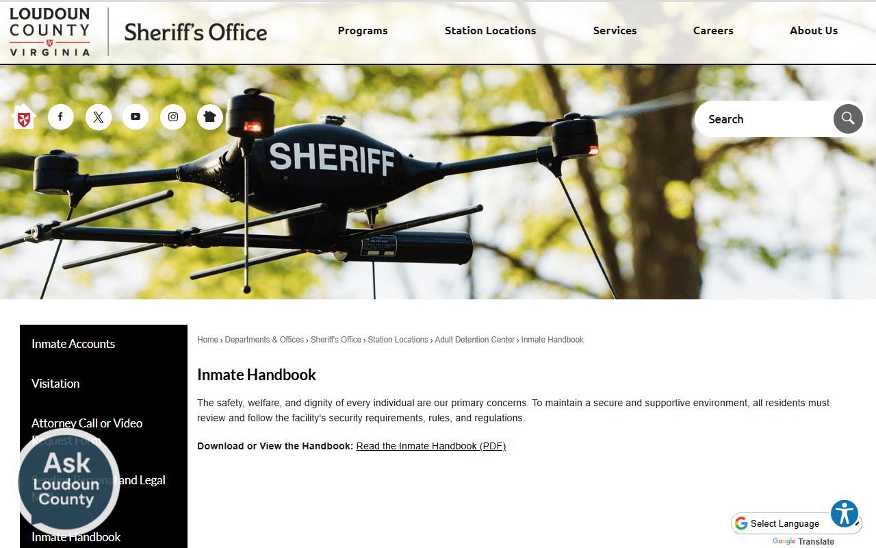 Loudoun County inmate handbook landing page with release procedures
