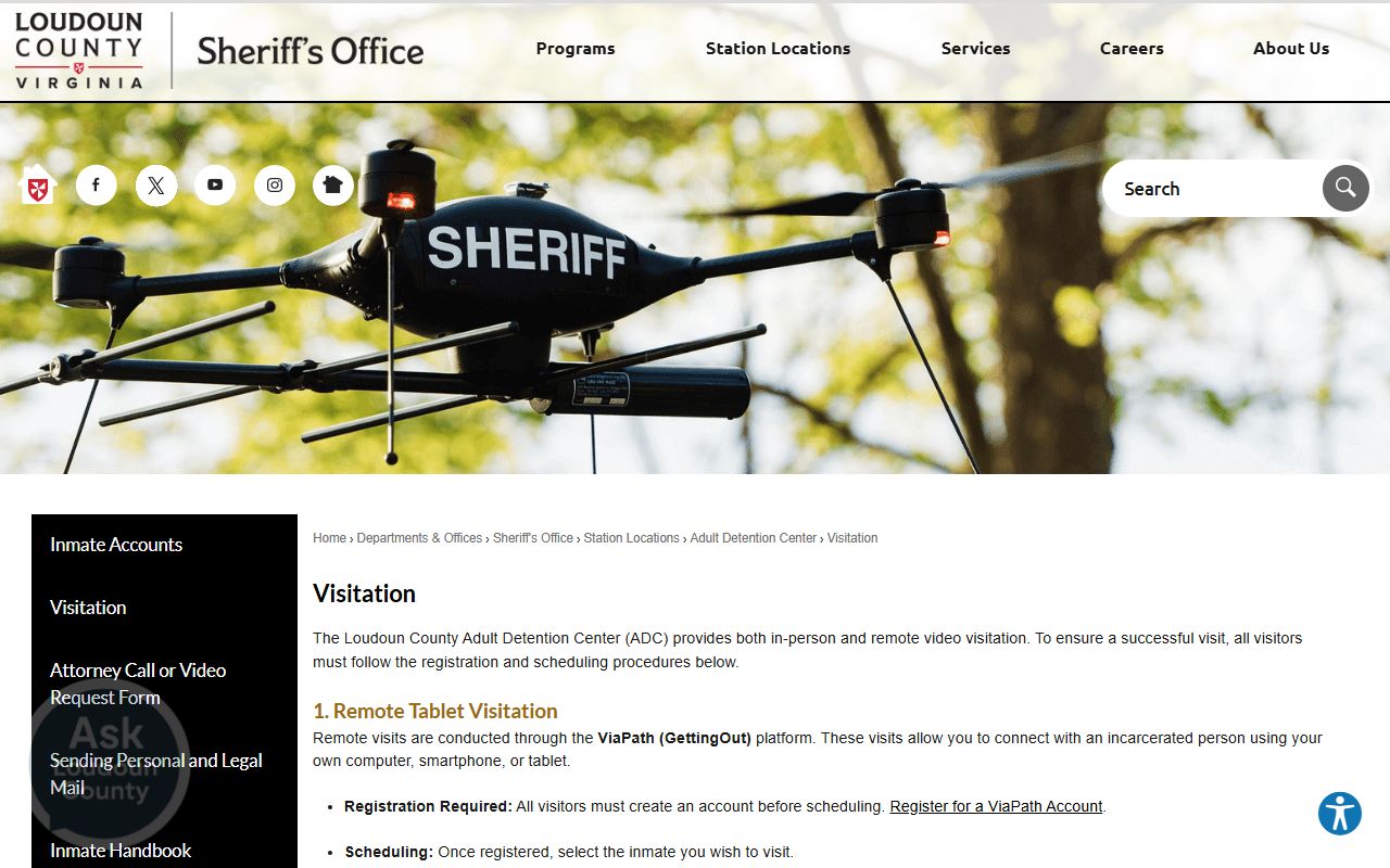 Loudoun County Adult Detention Center visitation page for inmates serving traffic-related sentences