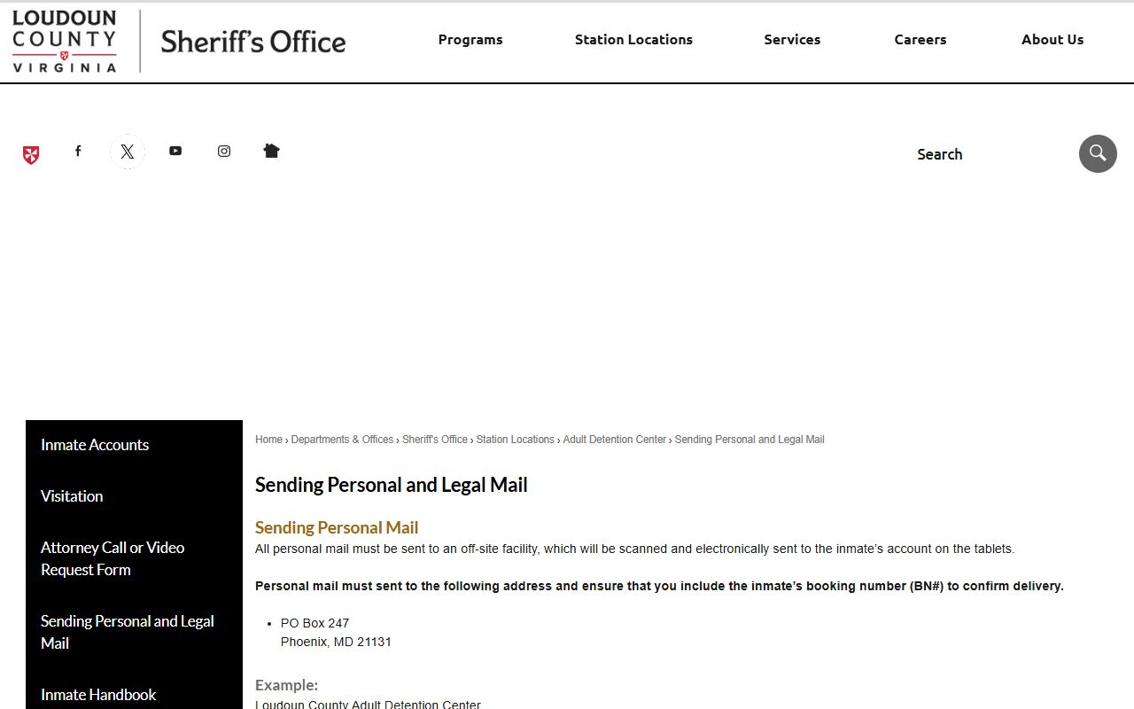 Loudoun County ADC mail page for sending mail to an inmate