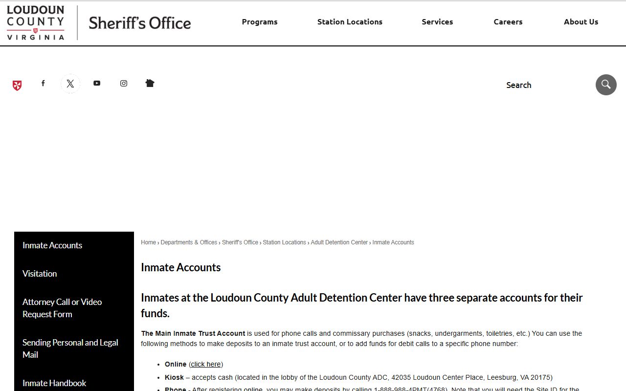 Loudoun County inmate accounts page for funds during a jail sentence