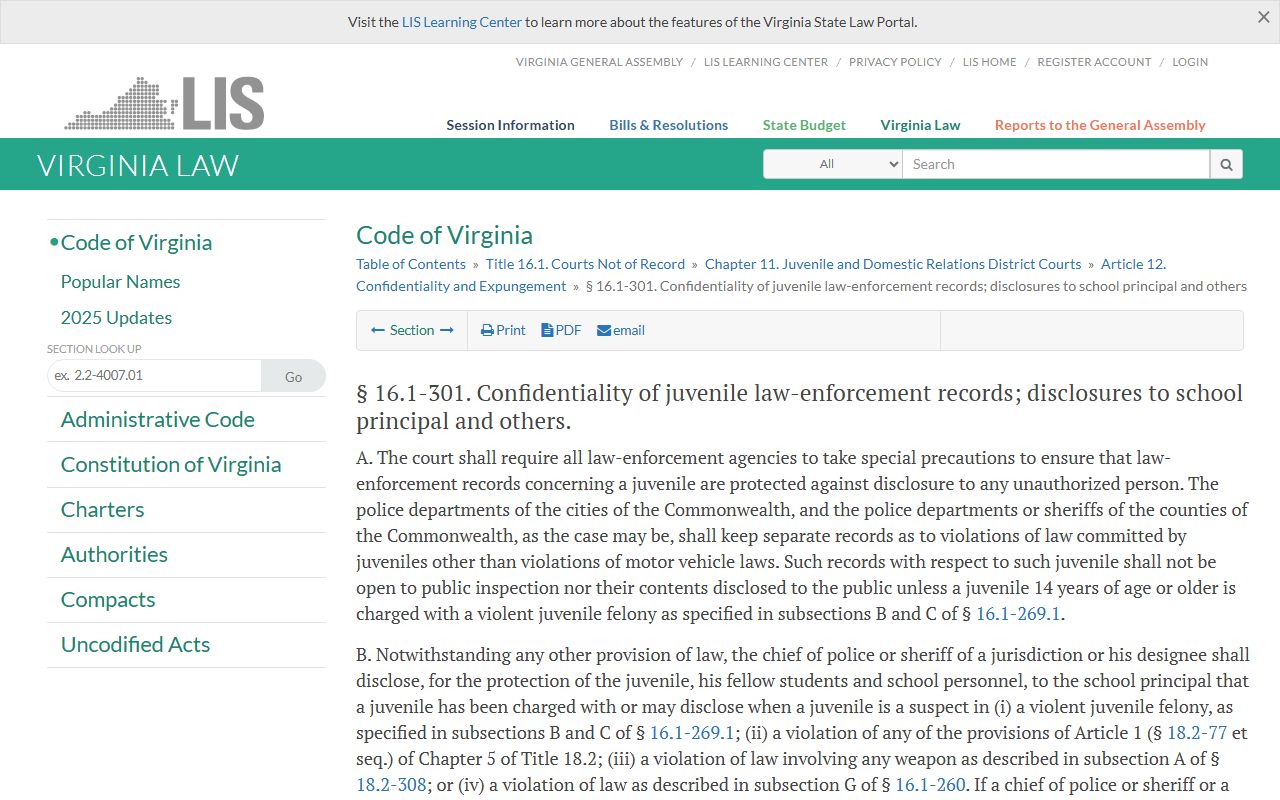 Virginia juvenile law-enforcement records statute affecting Loudoun County warrant records